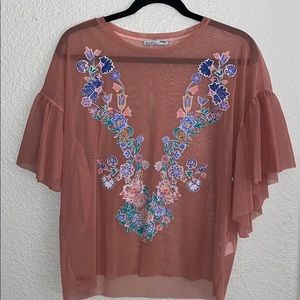 ZARA | embroidered see thru blouse